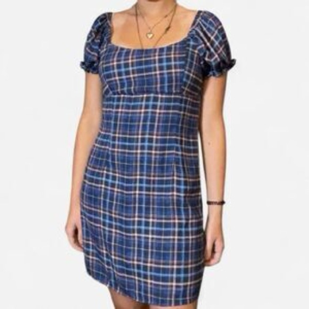 Altar'd State Navy and Pink Plaid Mini Dress with Puff Sleeves Size Small